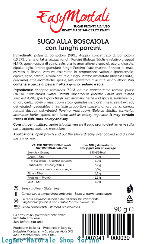 Sugo alla Boscaiola con Funghi Porcini Senza Glutine 90g