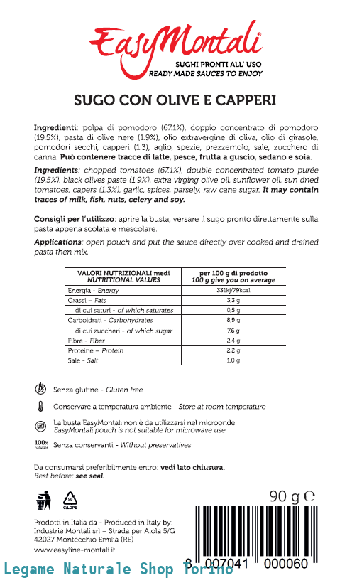 Sugo con Olive e Capperi Senza Glutine 90g