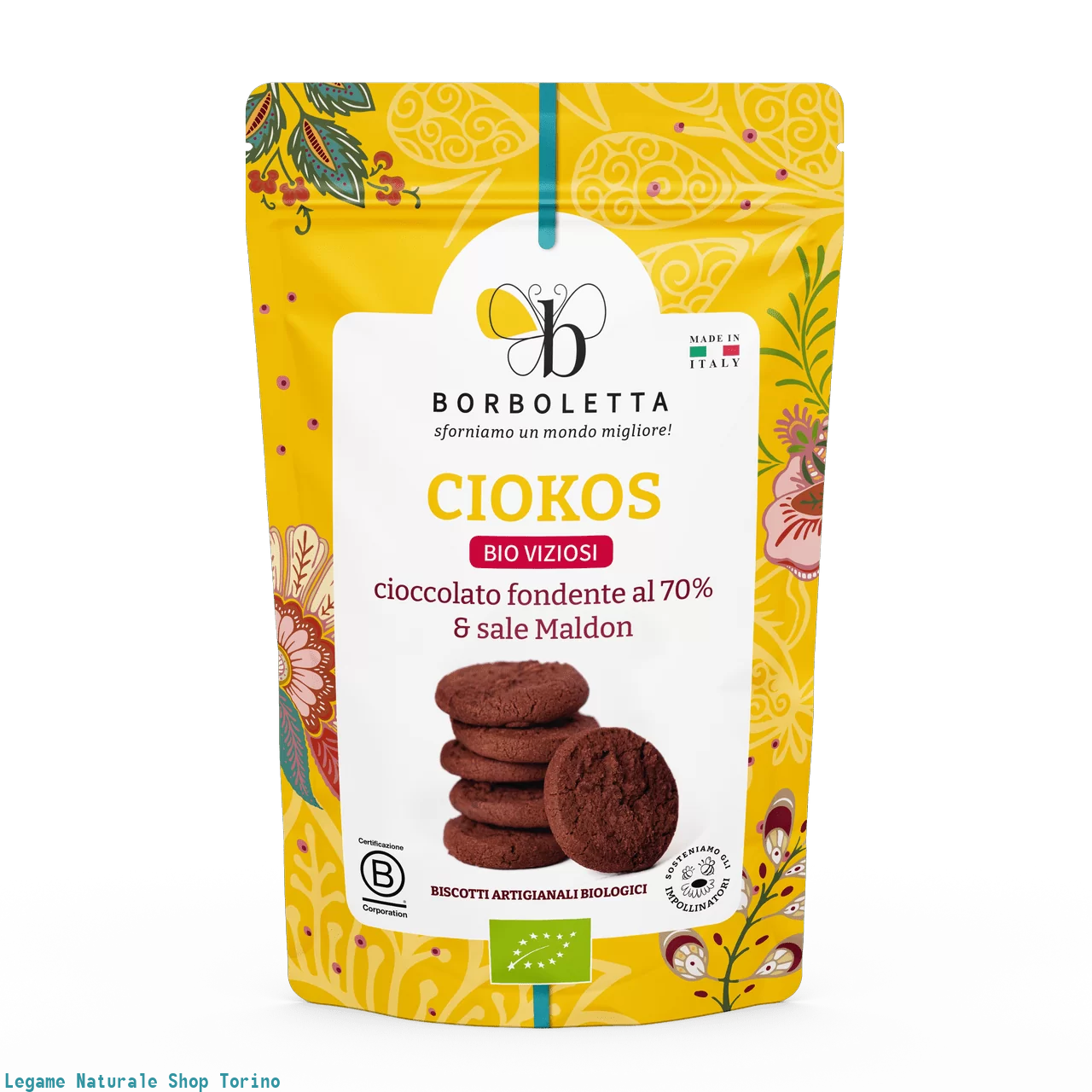 BISCOTTI CIOKOS Burro bio, cioccolato fondente 70% biologico e sale Maldon SACCHETTO RICHIUDIBILE...